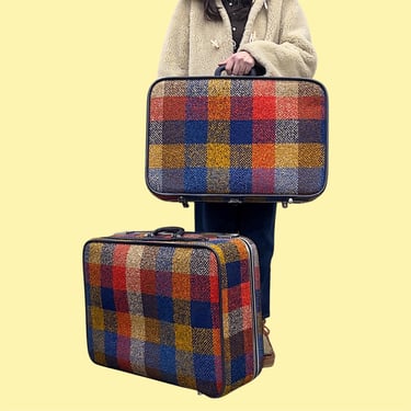 Vintage Skyway Luggage Set Retro 1970s Mid Century Modern + Buffalo Plaid + Tweed + Wheeled + Set of 2 + MCM Suitcases + Travel Accessory 