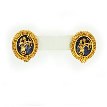 Ilias Lalaounis 18K Yellow Gold Lapis Lazuli earrings with Greek motifs