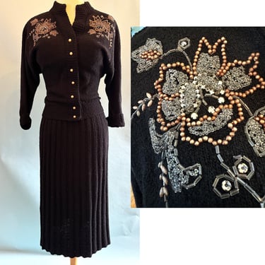 Beautiful Vintage 1950s  Black Knit Two Piece Dress with Lovely Beadwork  -- size Medium 