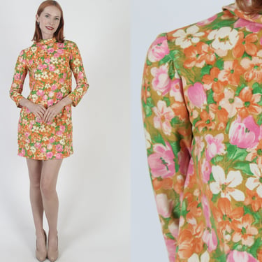 Bright Color 60s Babydoll Dress Mod Micro Mini Shift Go Go Corduroy Floral Frock With Pockets 