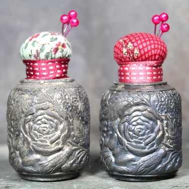 Set of 2 Sculpted Antique Salt & Pepper Shaker Upcycled Pin Cushions | Vintage Pink Pin Cushion 