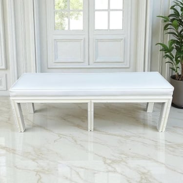 White Hollywood Regency Bench 61” Long - Vintage Faux Bamboo Wood & Leather Like Upholstered Seat - Coastal Mid Century Style Furniture 