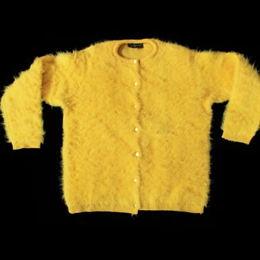 1950s Sweater / 50s FUZZY Bright YELLOW Knit Cardigan Sweater Button Down 