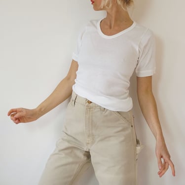 Vintage White Ribbed Cotton Tee | Rib Knit Short Sleeve Scoop Rib Knit T Shirt | European Ribbed Scoop Neck Tee | S M 