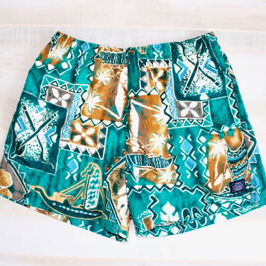 Vintage 90s Hawaiian Shorts, 1990s Swim Trunks, Tropical, Tribal Print, Beach, Vacation, Surf 
