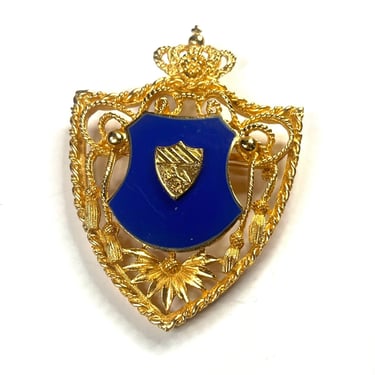 Vintage Coats of Arms Shield Brooch, Blue and Gold Brooch, Vintage Pin, Vintage Jewelry, Vintage Coat of Arms, Gold Coat of Arms, Gold Pin 