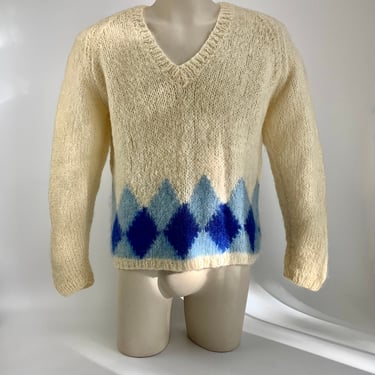 1950's-60's MOHAIR V Neck Sweater - BRENT Label - Two Tone Blue Argyle Diamonds - Made in ITALY - Men's Size Large 