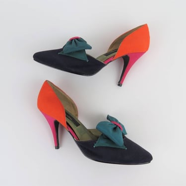Vintage color block bow heels, pumps, rainbow, colorful deadstock, nos, 6.5 