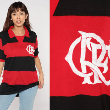 Flamengo Polo Shirt 80s Clube de Regatas do Flamengo Soccer Collared Top Rio de Janeiro Brazil Red Black Striped 1980s Vintage Mens Medium M 