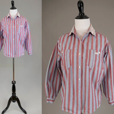 80s Dockers by Levi's Striped Blouse - Lace Collar Trim - Red Blue - Cotton - Vintage 1980s - Size P Petite 42