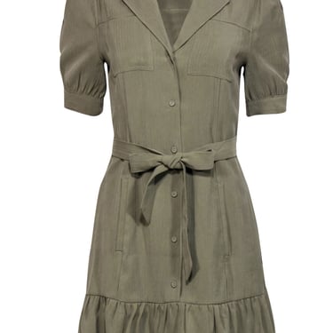 Paige - Olive Button-Up Puff Sleeve Belted Shift Dress w/ Flounce Hem Sz S