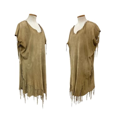 Vtg 80s Signed Rachelle Starr OOAK Buckskin Fringe Southwestern Tunic Dress 