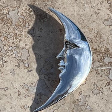 Bustamante ~ Vintage Mexico Sterling Silver Large Surreal Moon with Face Pin / Brooch 