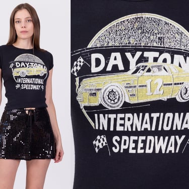 70s Daytona International Speedway Fitted Race Car T Shirt - Extra Small | Vintage NASCAR Car Racing Black Girly Tee 