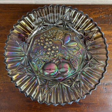 Vintage Smoke Carnival Glass Plate with Embossed Fruit 
