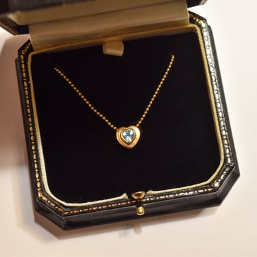 18K Aquamarine Heart Pendant Necklace, Yellow Gold Ball Chain, Valentines Day Gift, 16.75
