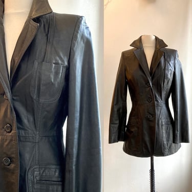 70s Vintage FITTED LEATHER BLAZER Jacket Coat / 3 Pockets + Top Stitching 
