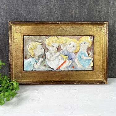 Florentine framed bas relief of 5 cherubs with horns - 1960s vintage 