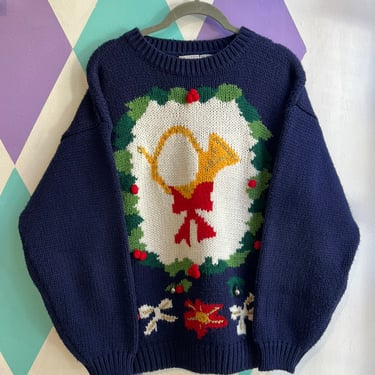 Vintage Christmas Wreath and Horn Knit Sweater