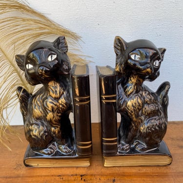 Mid Century Black Cat Small Bookends, Pen And Pencil Holder, Desk Organization, Ceramic Cats, Made In Japan 