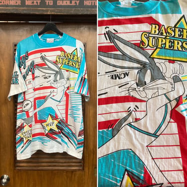 Vintage 1990’s Dated 1993 Bugs Bunny Cartoon Warner Bros. AOP Baseball Theme T-Shirt, 90’s Tee Shirt, Vintage Clothing 