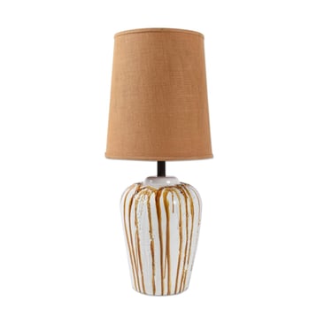 Jumbo Mid-Century Modern White and Brown Glazed Table Lamp and Burlap Shade 