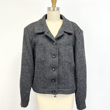 Vintage Tweed Jacket | 90s Black and White Wool Cropped Jacket | Button Up | Size 14 