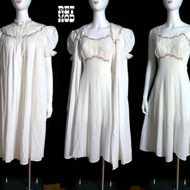 Pretty Vintage 50s 60s White Cotton Babydoll Nightgown Set with Puff Sleeves and Pink Floral Trim 