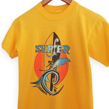 vintage surf shirt / 70s t shirt / 1970s Hawaii Surfer yellow cotton aloha t shirt XS 