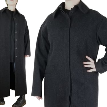 Vintage Minimalist Wool Coat, Medium Large, Dark Gray Military Style Overcoat, Long 1990s Grunge Winter Coat 