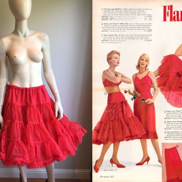 Hot Flame Red - Vintage 1950s 1960s Bright Red Double Layered Crinoline Petticoat 