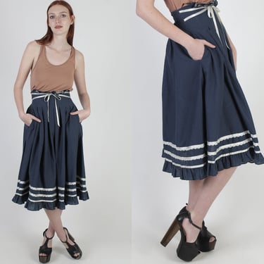 Navy Gunne Sax Skirt With Pockets, 70s Polka Dot High Waist Skirt, Pleated Womens Waist Tie Country Midi Mini Skirt 