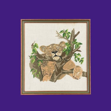 Vintage Lion Crewel 1980s Retro Size 19x18 Bohemian + Handmade Embroidery + Wild Animal + Cat in a Tree + Fiber Art + Home and Wall Decor 