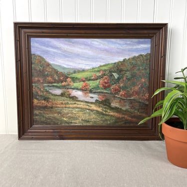 Autumn landscape with river and barn - 1970s plein air framed painting 