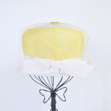 1960s Yellow High Crown Hat | 60s Yellow & White  Mod Hat | Jackie O | Kelton Original 