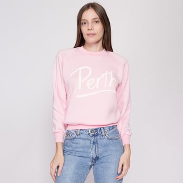 Small 80s Perth Australia Pink Tourist Sweatshirt | Vintage Raglan Sleeve Graphic Crewneck Pullover 