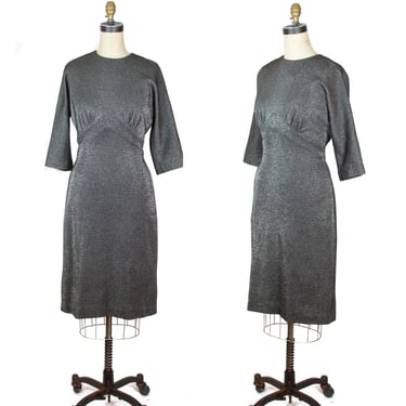 1960s Dress ~ Silver Lurex Jersey Knit Wiggle Cocktail Dress 