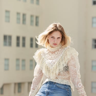 70s Light Beige Lace Victorian High Collar Blouse Vintage Embroidery Long Sleeve Tiered Crochet Top 