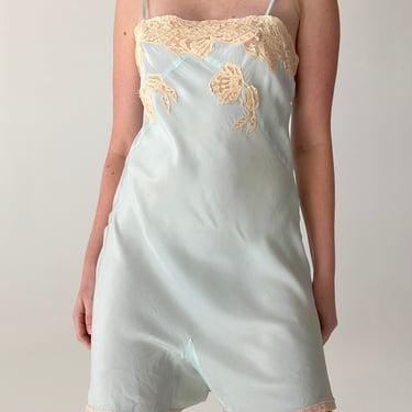 1930's Baby Blue Silk Step In With Cream Lace