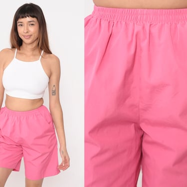 90s Baggy Shorts Bright Pink Elastic Waist Shorts Lounge Bermuda High Waisted Vintage Pockets High Waist Shorts 1990s Plain Small xs s 