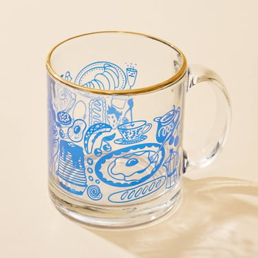 Breakfast Table Blue and Gold Clear Glass Mug