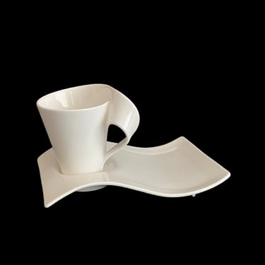 Vintage Modern Sculptural  Villeroy & Boch New Wave Large Cup w Stylized Handle and Wavy Saucer Dish Solid White Glaze 