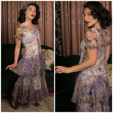 1930s Dress - Floating Summer Floral Print Sheer Silk Chiffon Bias Cut 30s Gown in Cool Purple Palette 