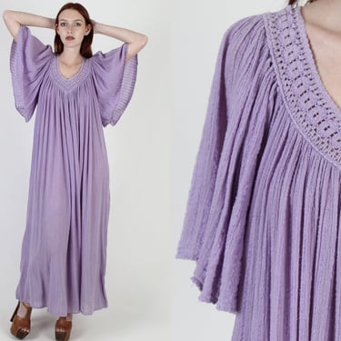 Violet Angel Sleeve Gauze Dress / Thin Crinkle Cotton Striped Dress / Deep V Neck Crochet Trim Dress / Vintage 80s Kimono Grecian Maxi Dress 