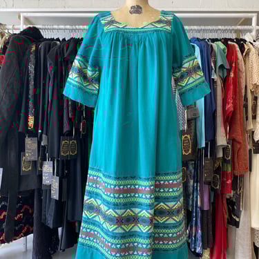 vintage 1970s southwestern embroidered tent dress bell sleeves m pockets lounge 