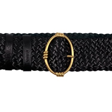 PRADA Y2K Black Wide Woven Leather Belt with Gold Toned Buckle