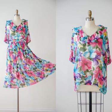 floral midi skirt set | 80s 90s vintage bright rainbow floral cotton gauze cute cottagecore skirt short sleeve ruffled blouse 