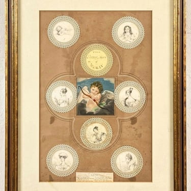 Antique English Watercolor & Ink Portraits Cherub Penwork Scrapbook Mount Framed Wall Hanging Early 19th Century 