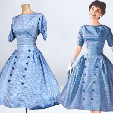 VINTAGE 50s Blue Iridescent Taffeta Party Dress by National Bellas Hess | 1950s Documented Full Cocktail Dress | VFG 
