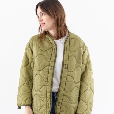 Vintage Celery Green Liner Jacket | Unisex Wavy Quilted Nylon Coat | S M | LI221 